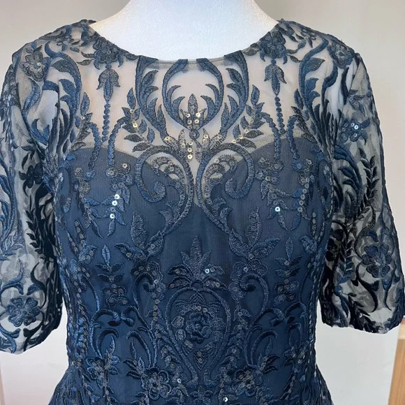 JJs House Dark Navy 1/2 Sleeve Lace Sequin Cocktail Dress Size 12